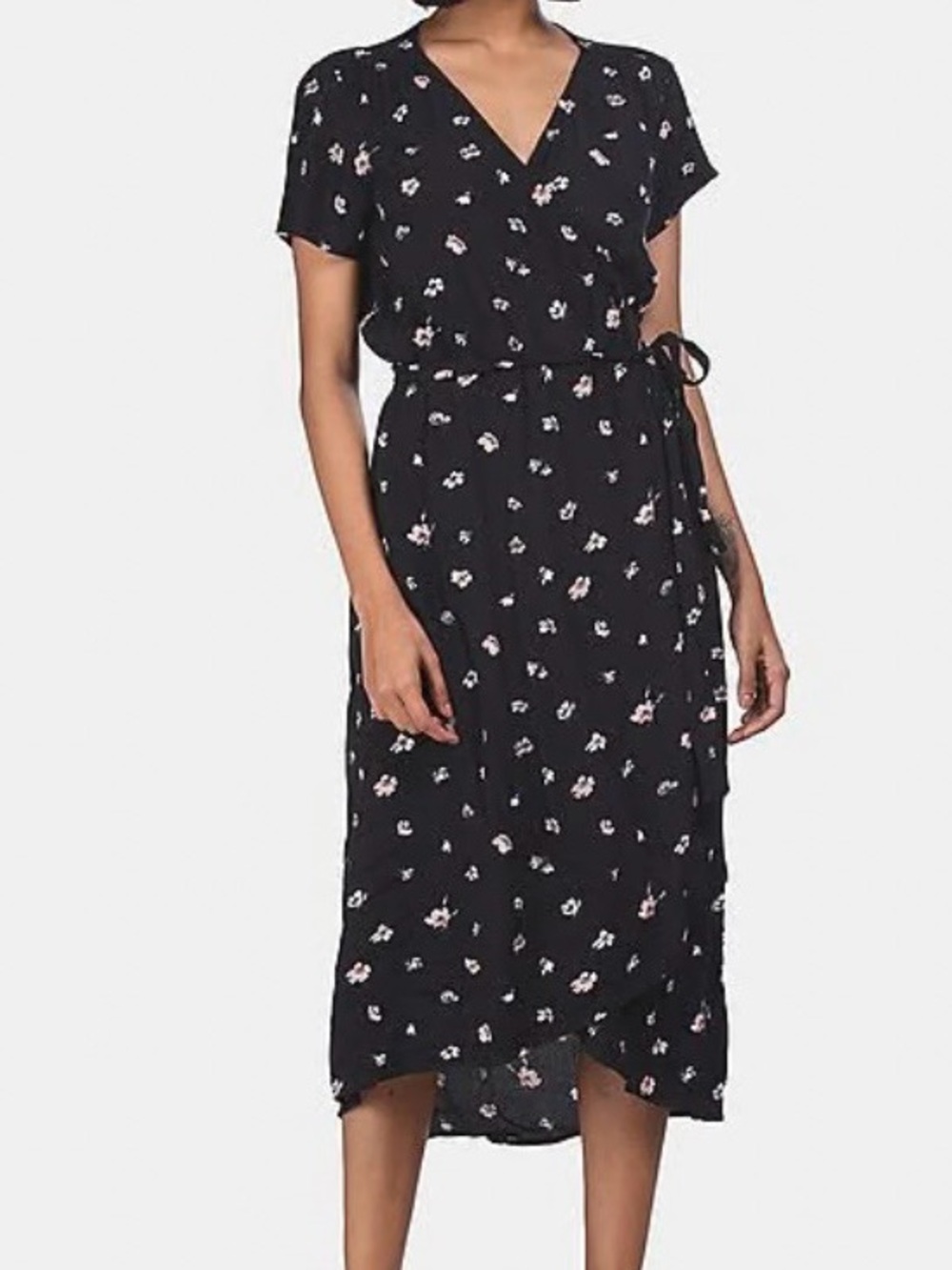 GAP Floral Rayon Wrap Dress XL Black High Low Tulip Hem Short Sleeve Cottagecore